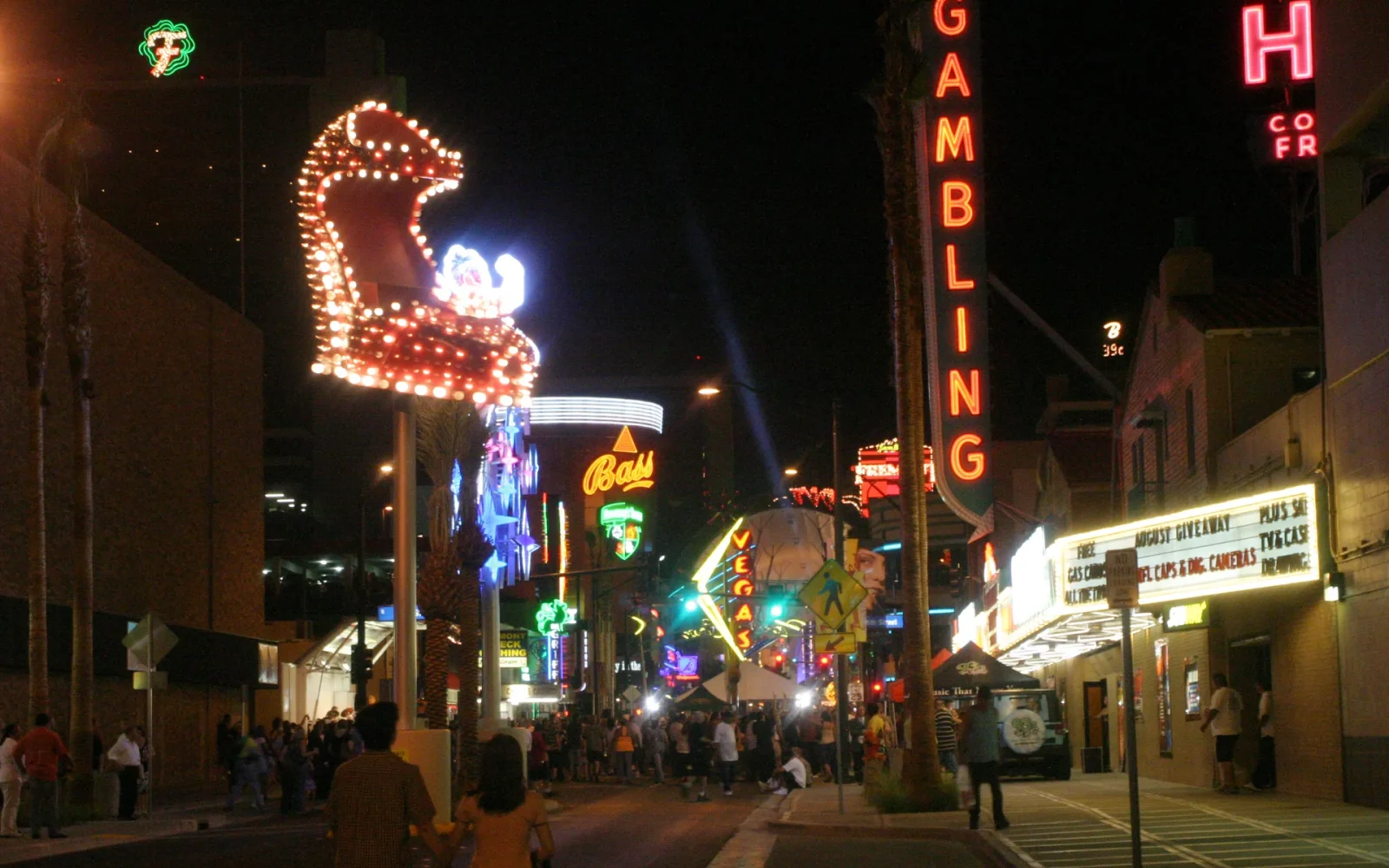 Neon signs along Fremont Street in Las Vegas at night